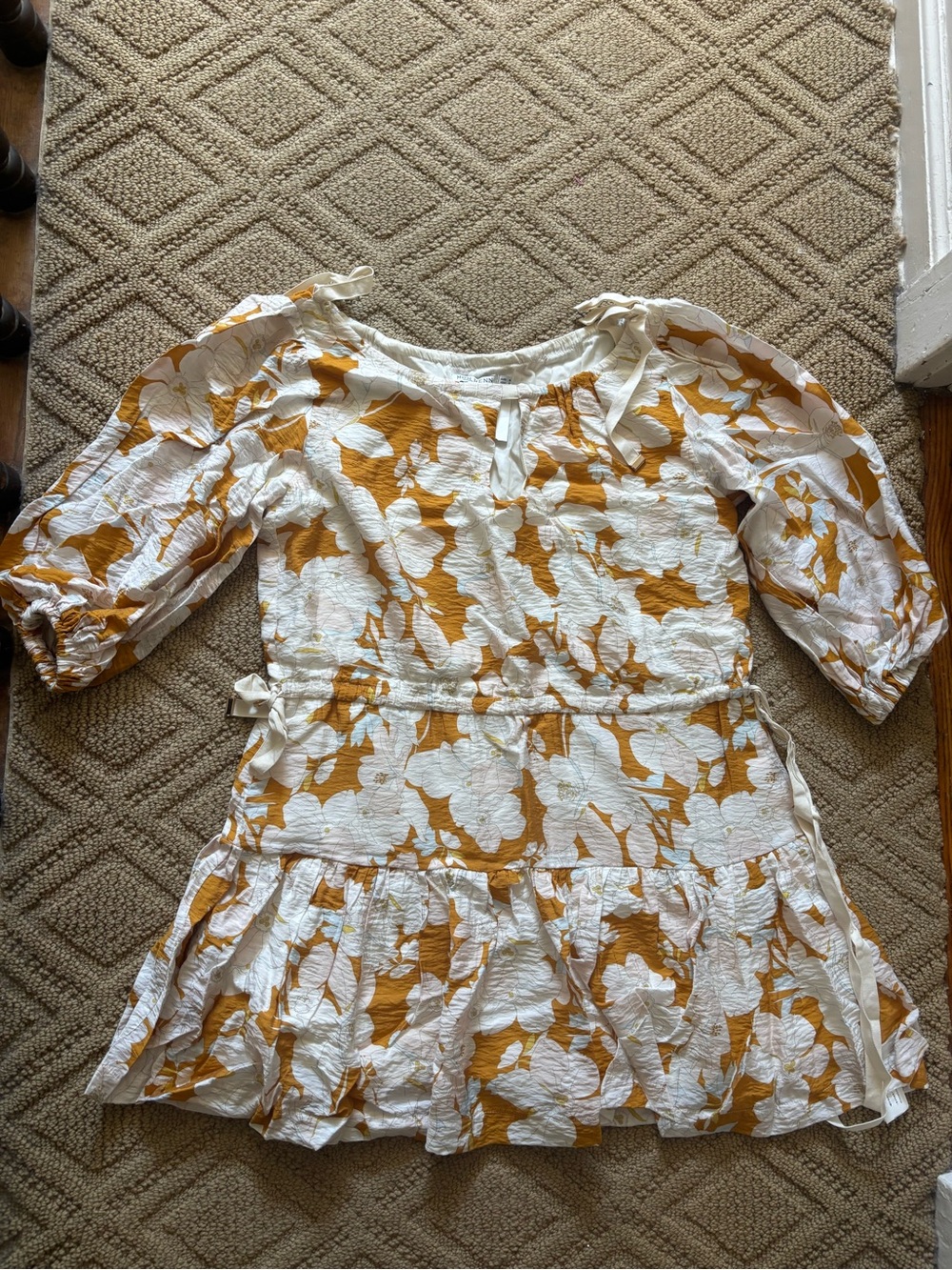 Women’s White & Mustard Floral Mini Dress with Puff Sleeves